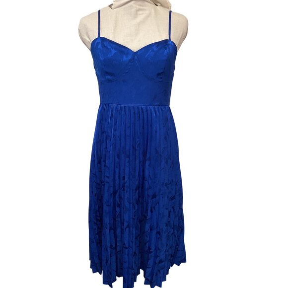 Lulus Royal Blue Pleated Jacquard Midi Dress With Adjustable Straps & Back Zip - Picture 1 of 7